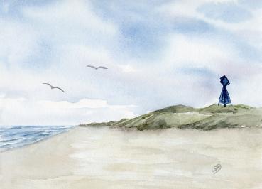 Postkarte DIN-A5 Aquarell Maritim Kunst Druck Kunstdruck Nordsee Insel Baltrum Bake Düne Dünen Strand Meer